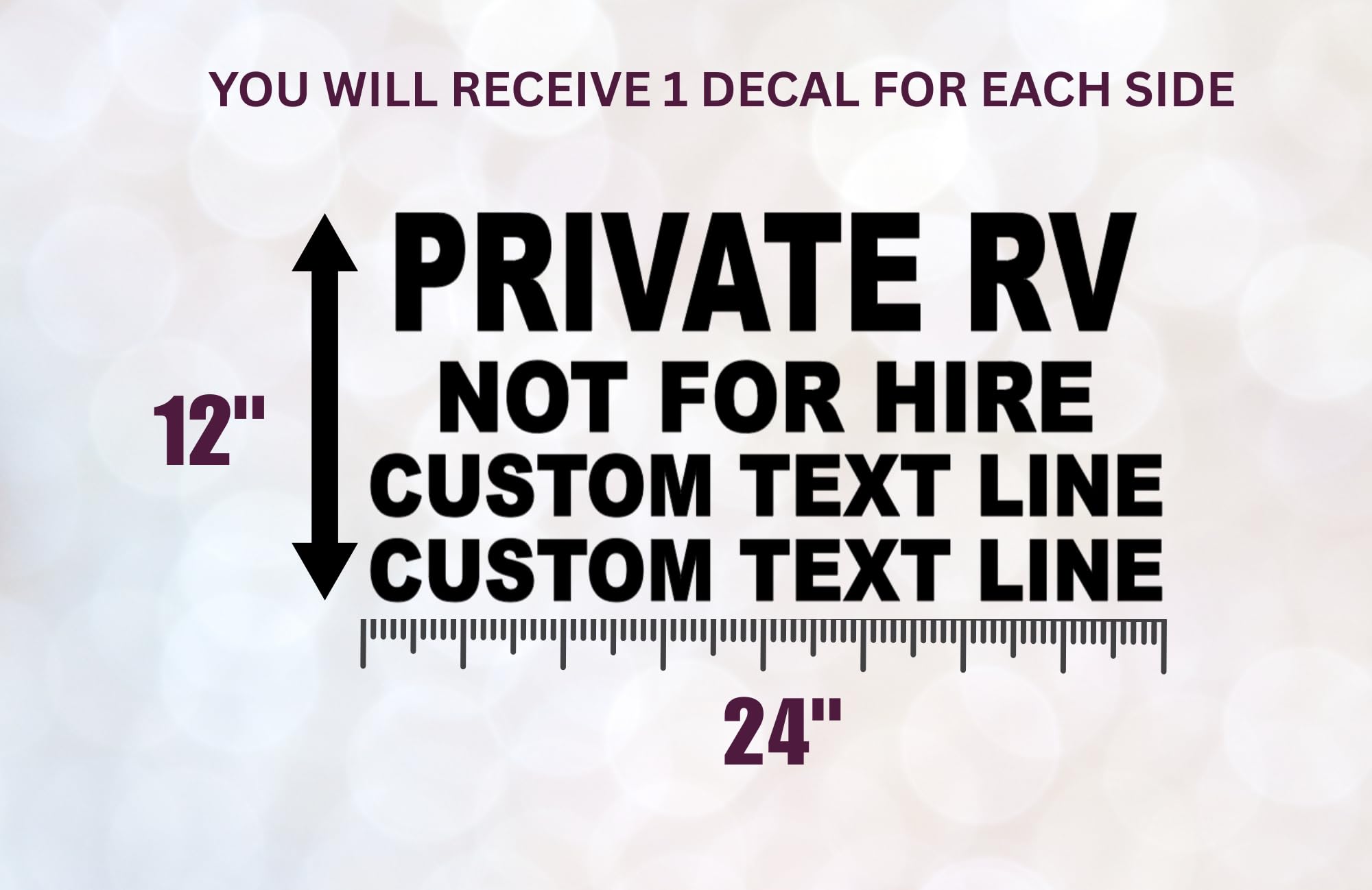 Private RV Not for Hire Decal with Custom Text Lines, Vinyl Sticker, 24x12 Inch, Black, 2 Pack