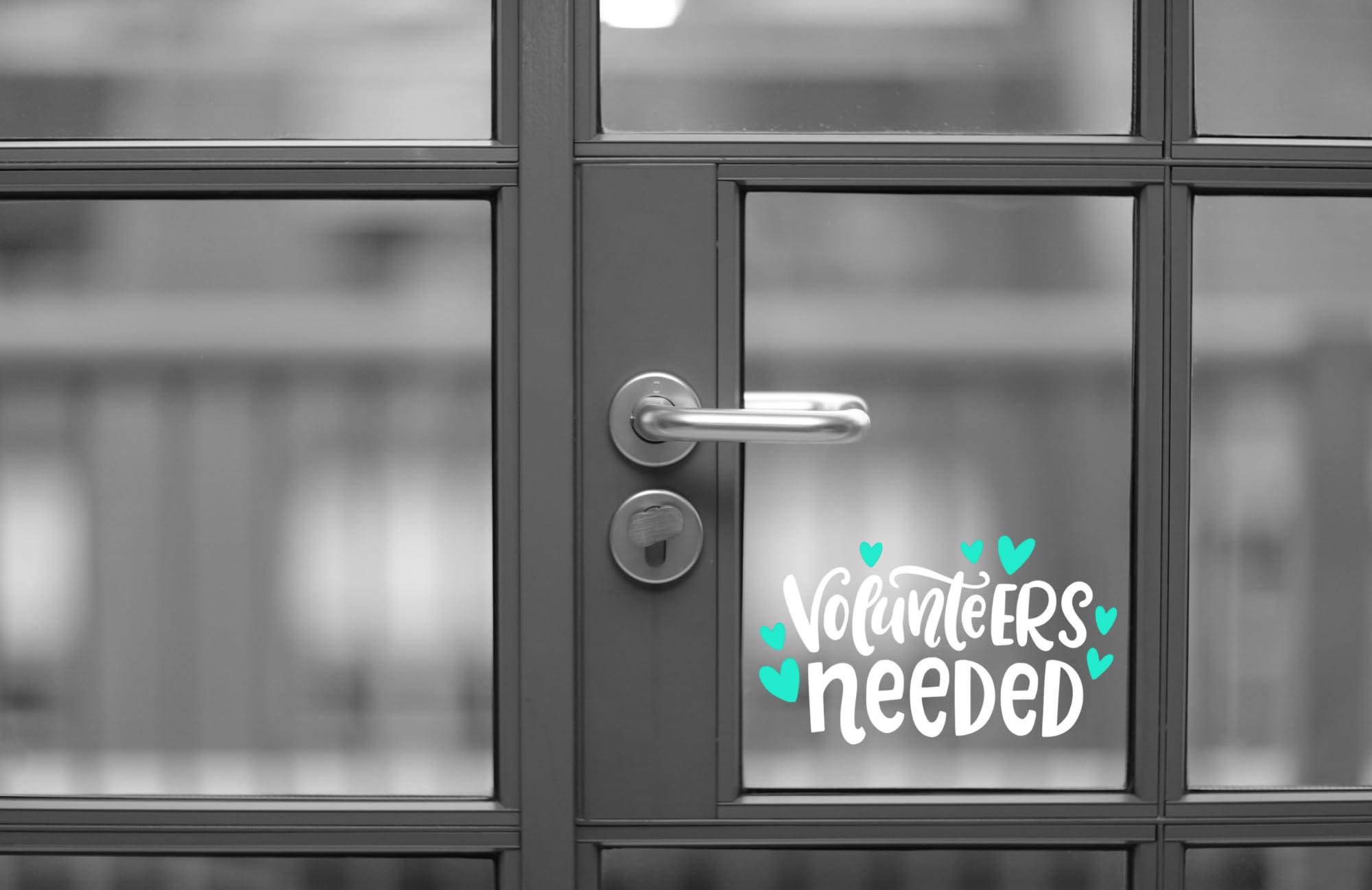 Volunteers Needed Vinyl Decal, Store Window Sticker with Hearts Design