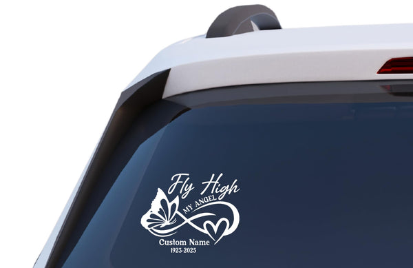 Fly High My Angel Memorial Car Decal – Personalized Butterfly Vinyl Window Sticker with Custom Name & Dates
