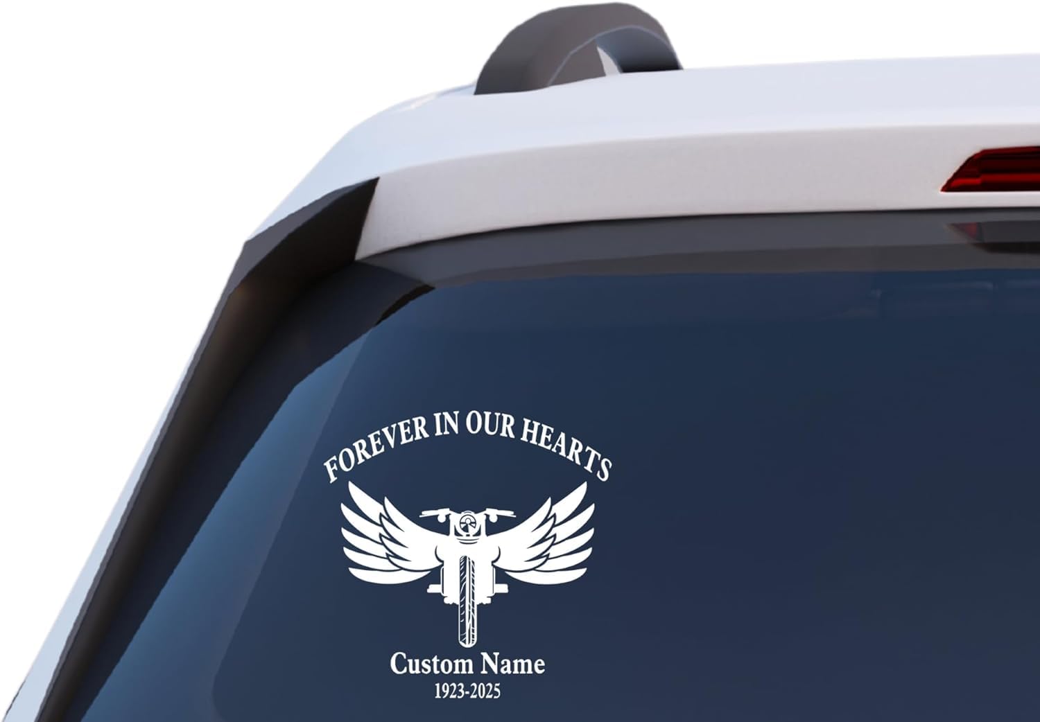 Forever in Our Hearts Motorcycle Memorial Decal, Custom Name and Date Vinyl Sticker with Angel Wings Design