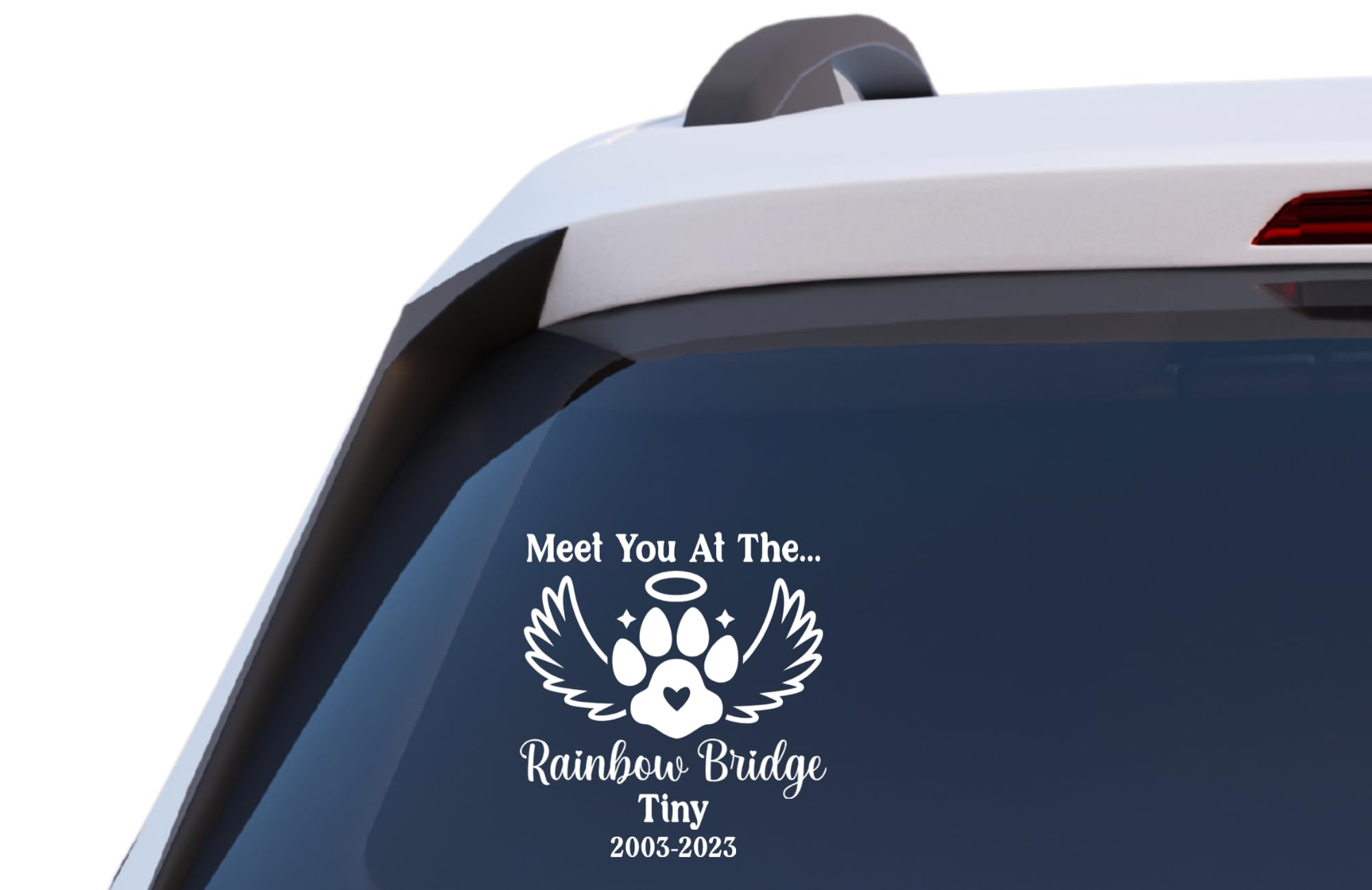 Pet Memorial Car Decal, Meet You at The Rainbow Bridge Window Sticker with Angel Wings and Paw Print, Customizable Vinyl Decal