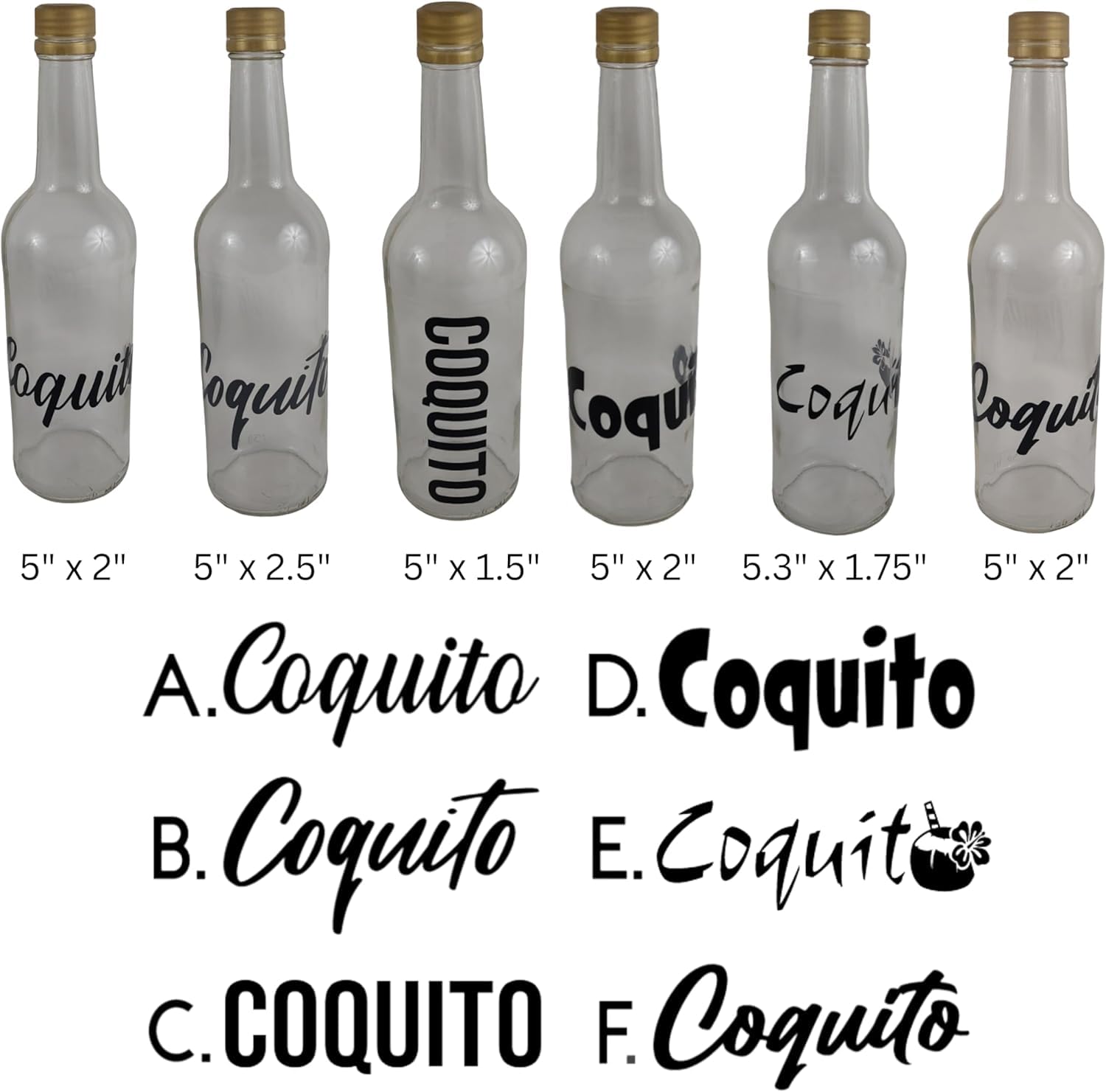 Random Little Finds Coquito Bottle Labels, Vinyl Decal Stickers, 6 Pack, Multiple Font Styles, 25 Color Options