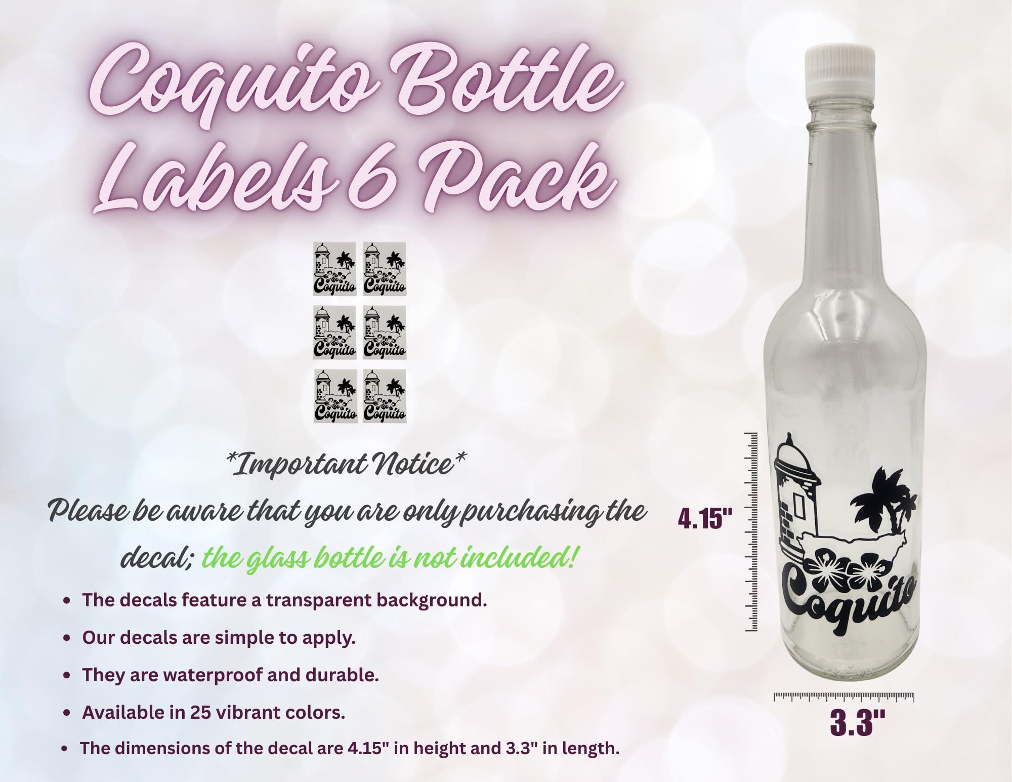 Puerto Rico Coquito Bottle Decals, 6 Pack Waterproof Vinyl Decal Stickers Morro Hibiscus Flower Palm Tree Design Bottle Labels