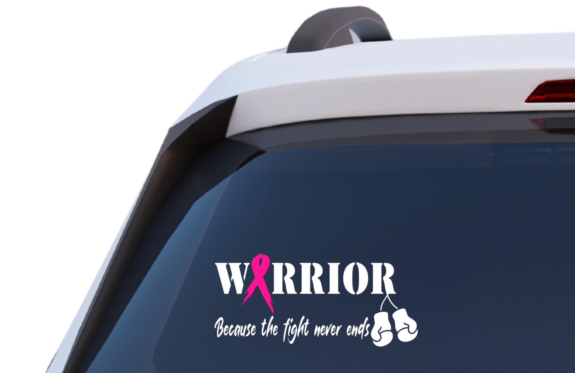 Warrior Cancer Awareness Vinyl Decal with Pink Ribbon and Boxing Gloves, Because The Fight Never Ends