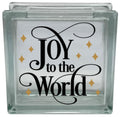 Glass block with 'Joy to the World' text and gold stars on a white background