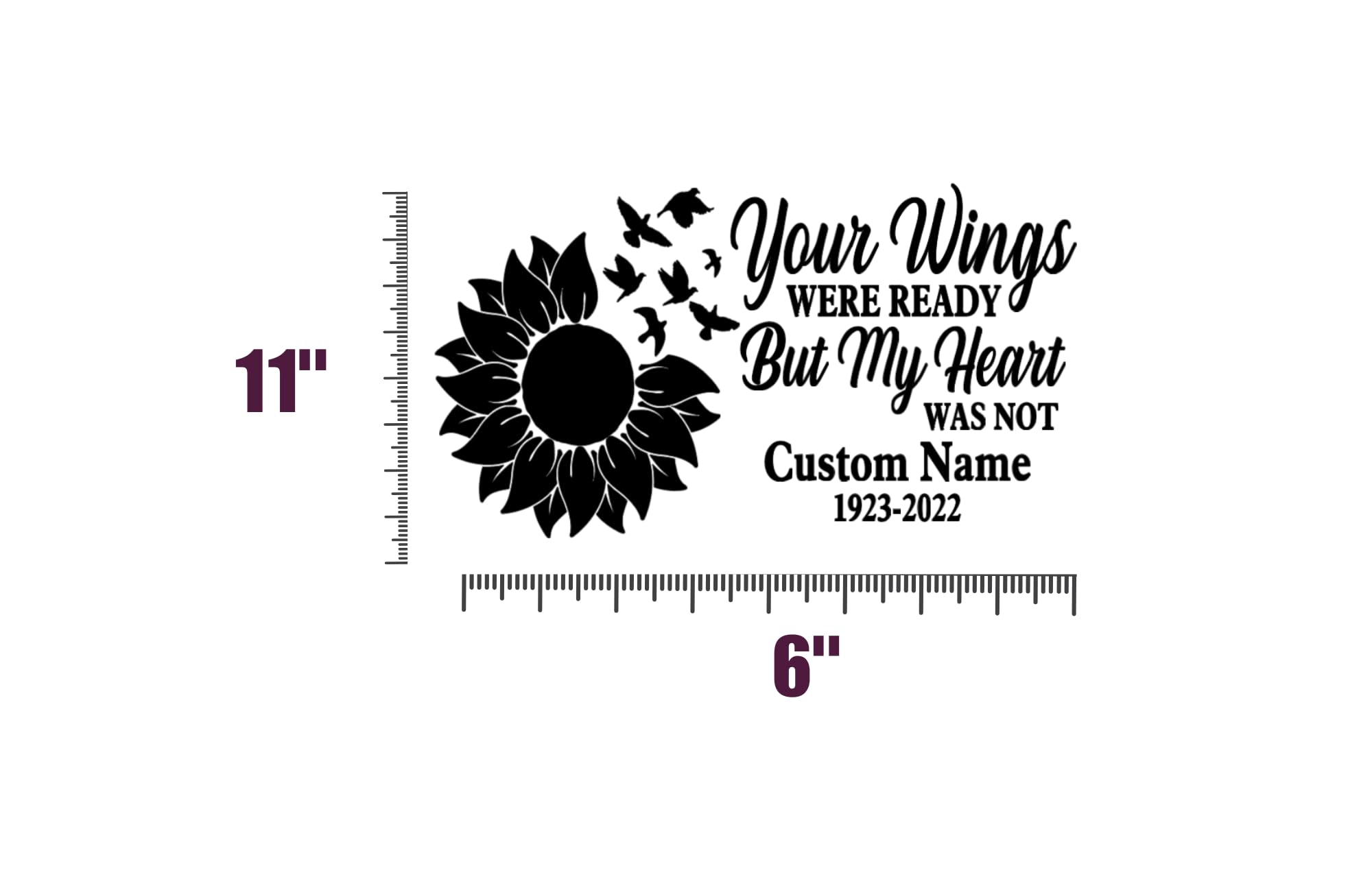 Your Wings were Ready Memorial Decal, Sunflower with Birds Design, Customizable Name and Dates, Vinyl Car Window Sticker