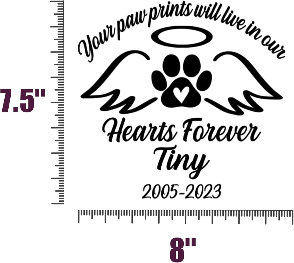Personalized Pet Memorial Car Decal, Paw Prints in Our Hearts Forever, Custom Name and Date Vinyl Sticker