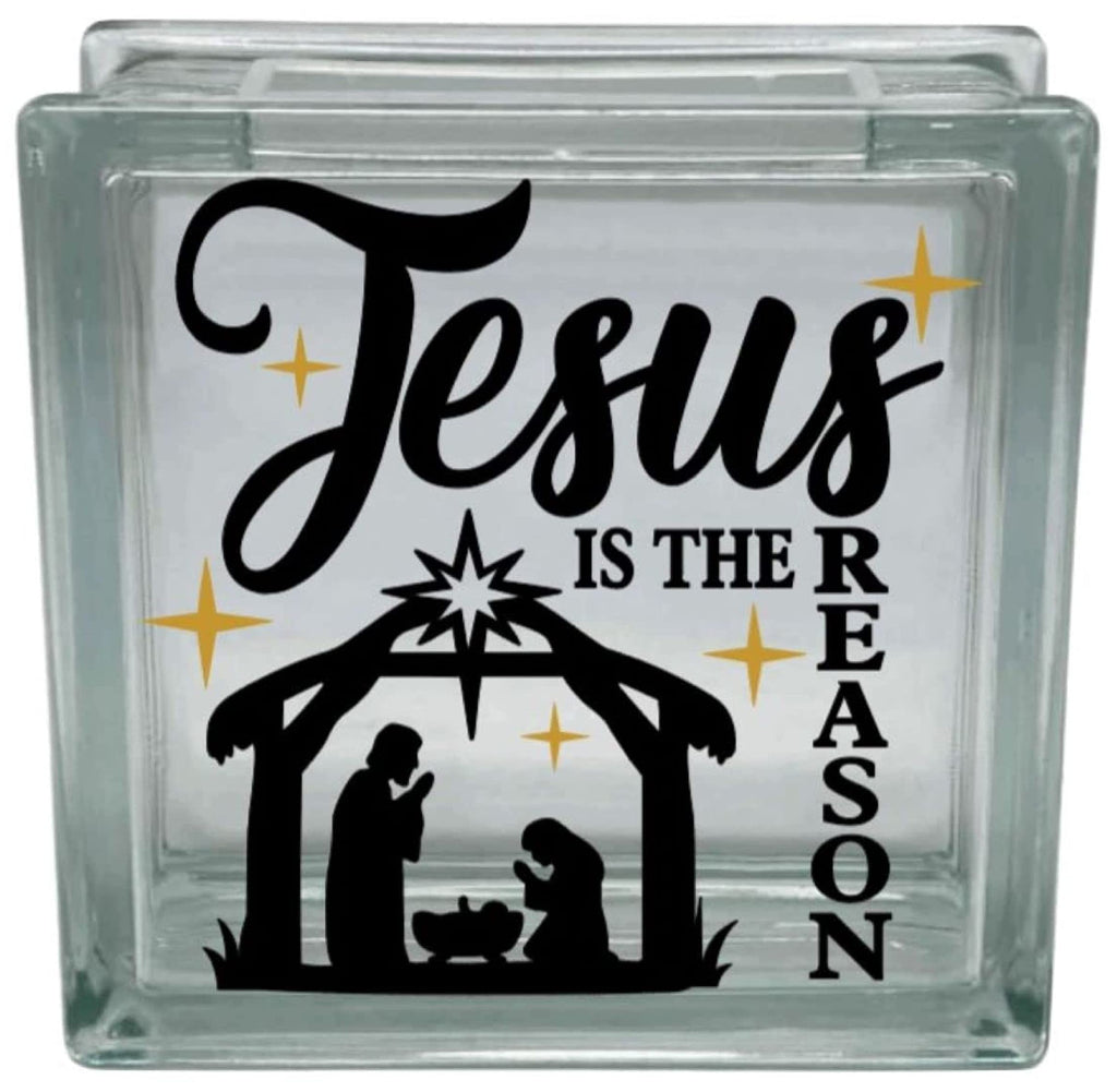 Glass block with nativity scene and 'Jesus is the Reason' text