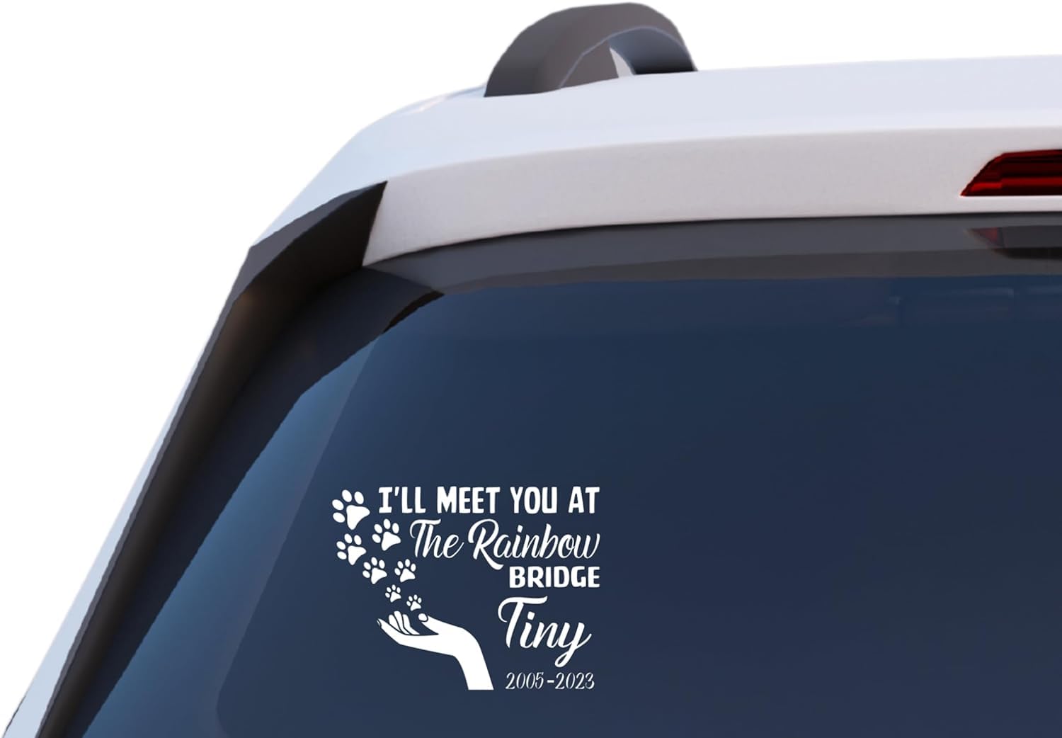 I'll Meet You at The Rainbow Bridge Pet Memorial Car Decal, Personalized Vinyl Sticker with Paw Prints, Custom Pet Name and Years
