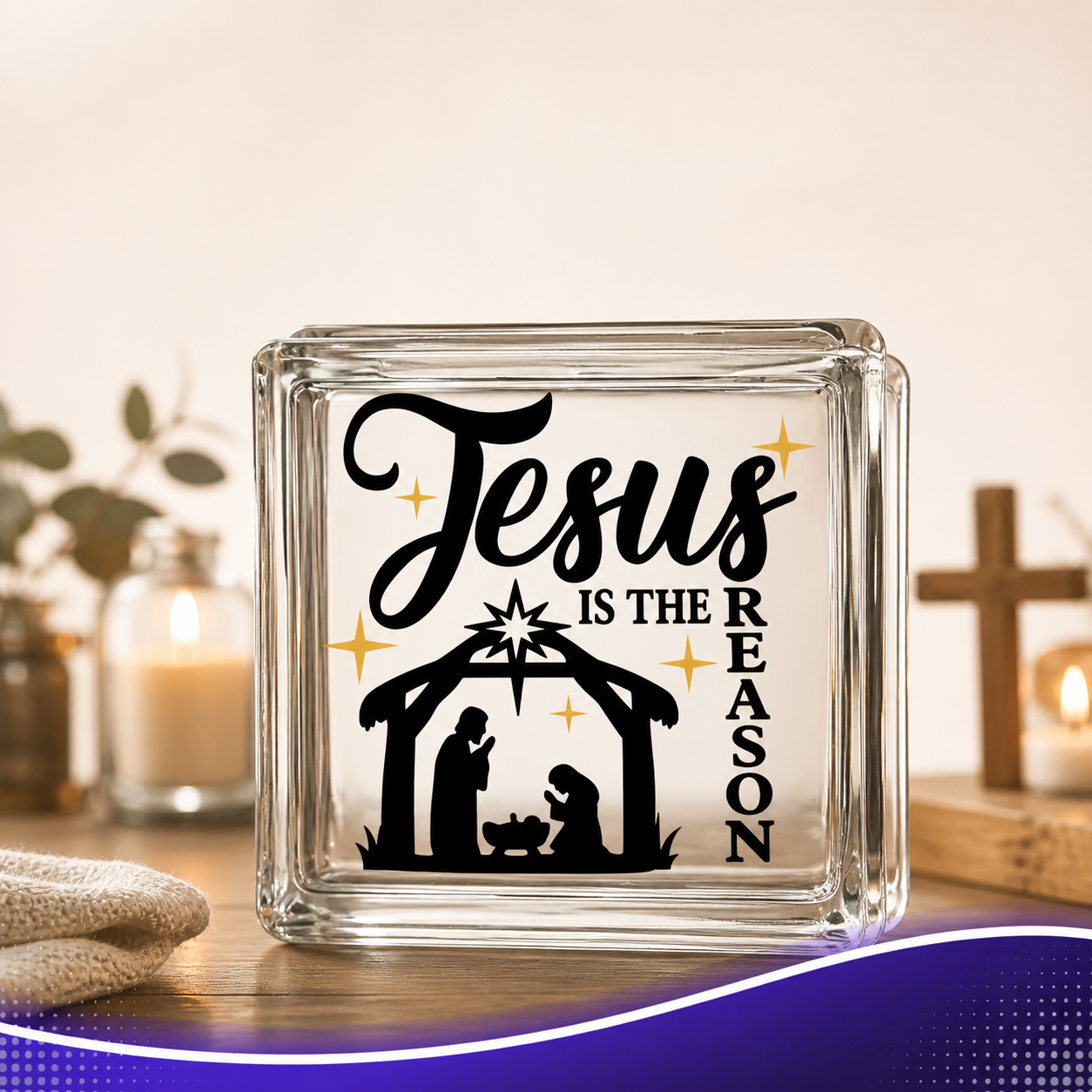 Jesus is The Reason for The Season Glass Block Decal, Nativity Scene with Stars, Christmas Holiday Decoration, Vinyl Material, Transparent Background (Glass Block Not Included)