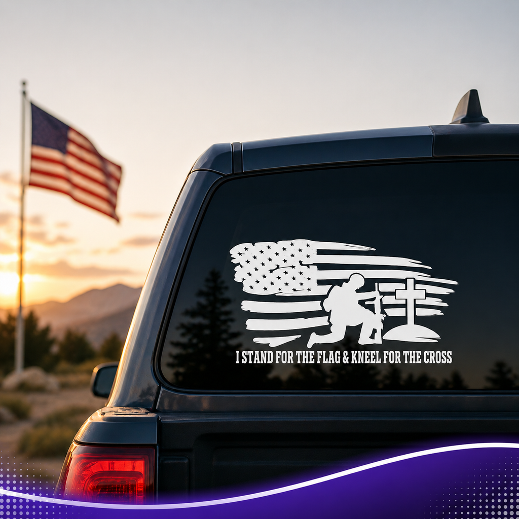 I Stand for The Flag and Kneel for The Cross Vinyl Decal Sticker, US Flag Design, White
